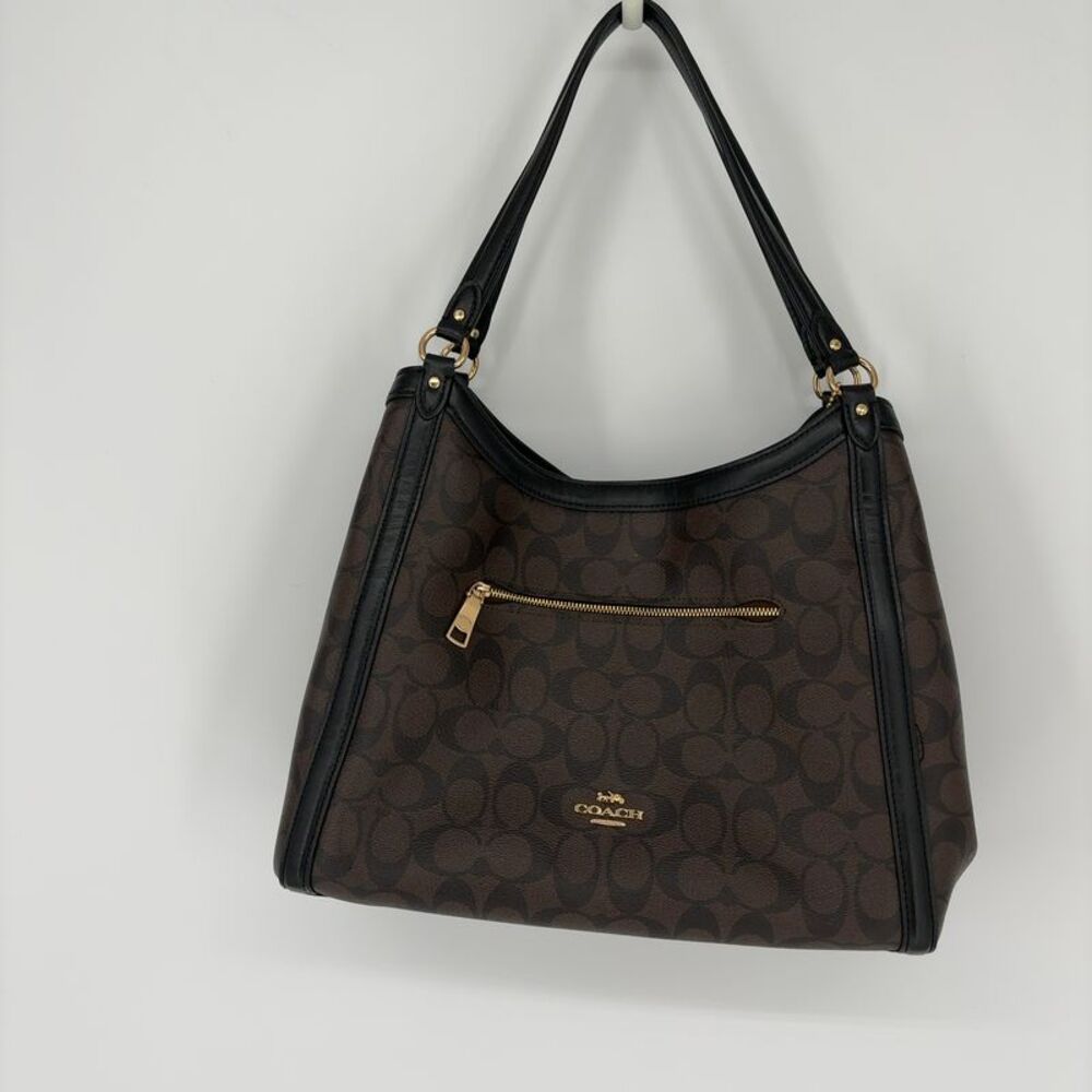 Coach Brown Signature Canvas Hobo with Black Trim and Gold Hardware